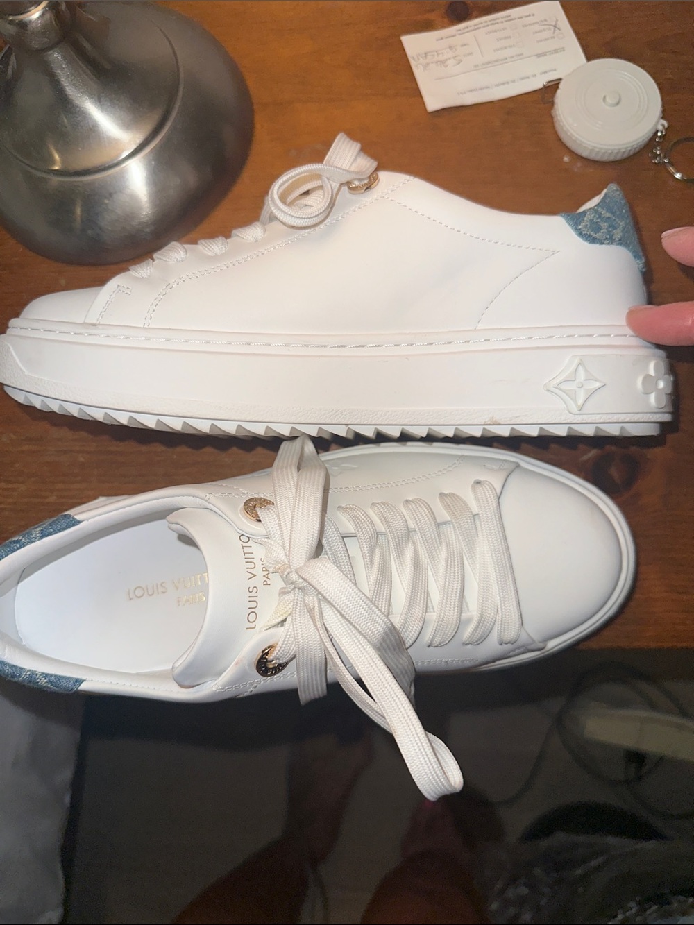 Louis Vuitton White Leather Low-Top Sneakers with Gold Accents - Picture 12 of 17